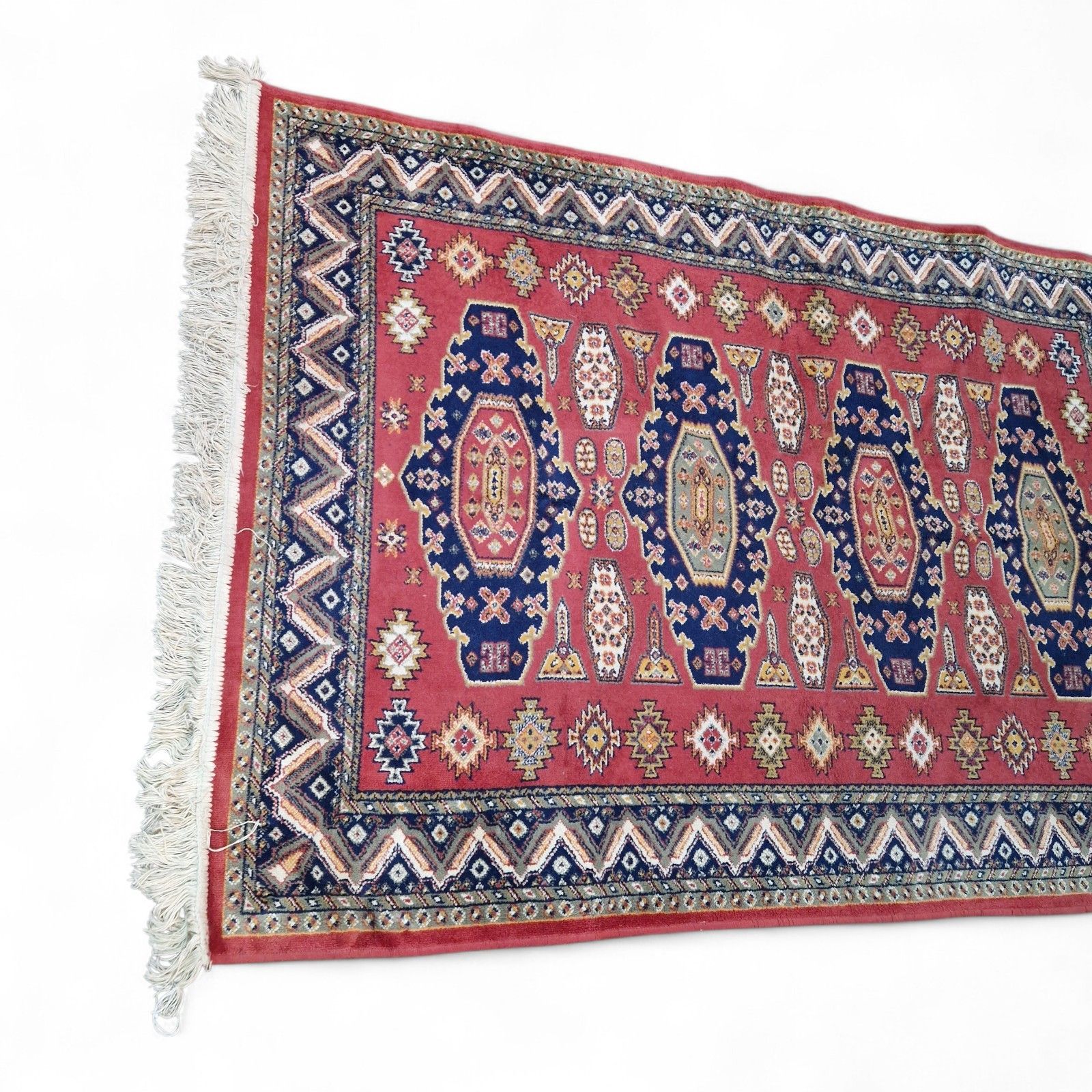 photo vinterior Traditional Geometric Rug Red Blue Tribal Style Fringed Wool Carpet 157cm