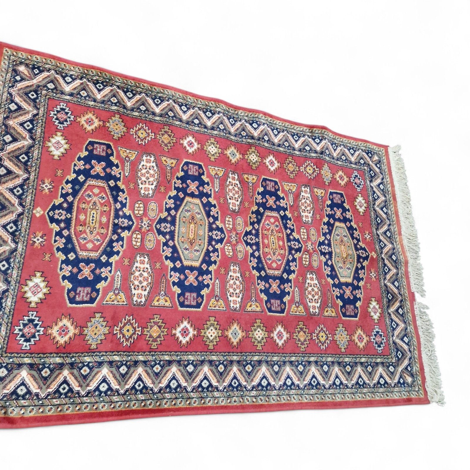 photo buy Traditional Geometric Rug Red Blue Tribal Style Fringed Wool Carpet 157cm