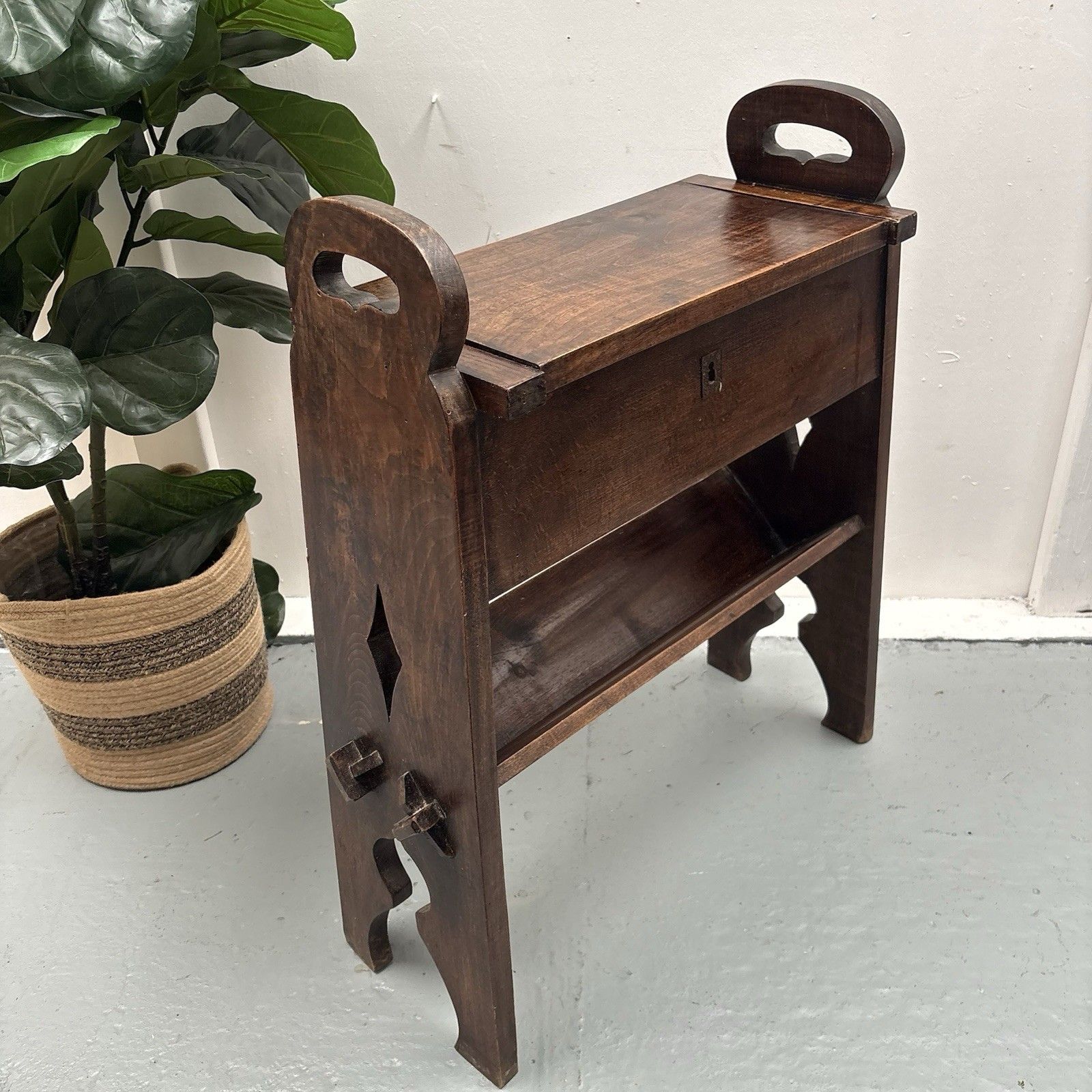 Antique French Arts & Crafts Oak Book Trough Or Magazine Stand Side Table photo vinterior