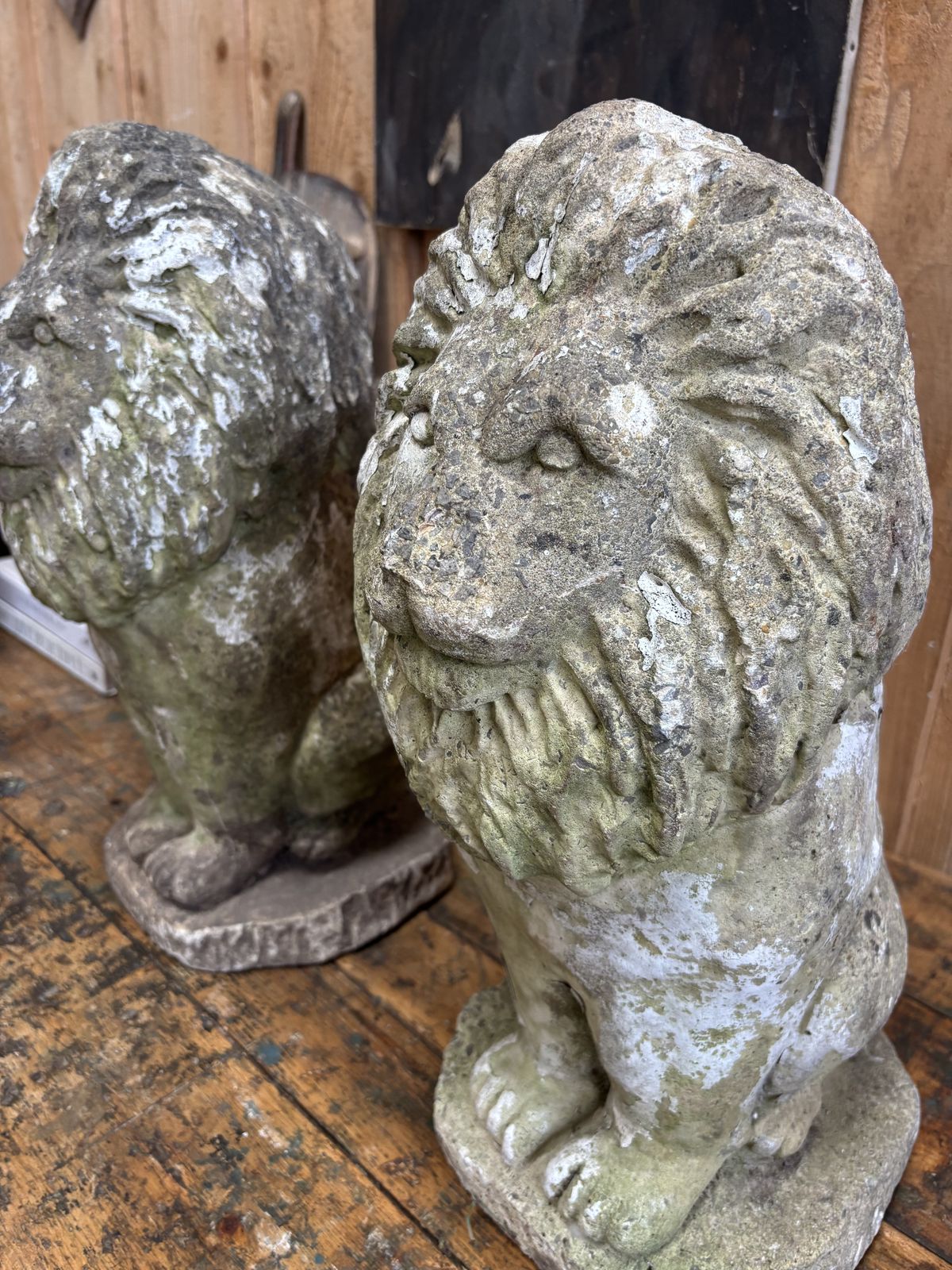 Pair Of Vintage Weathered Stone Lions photo Garden Decor