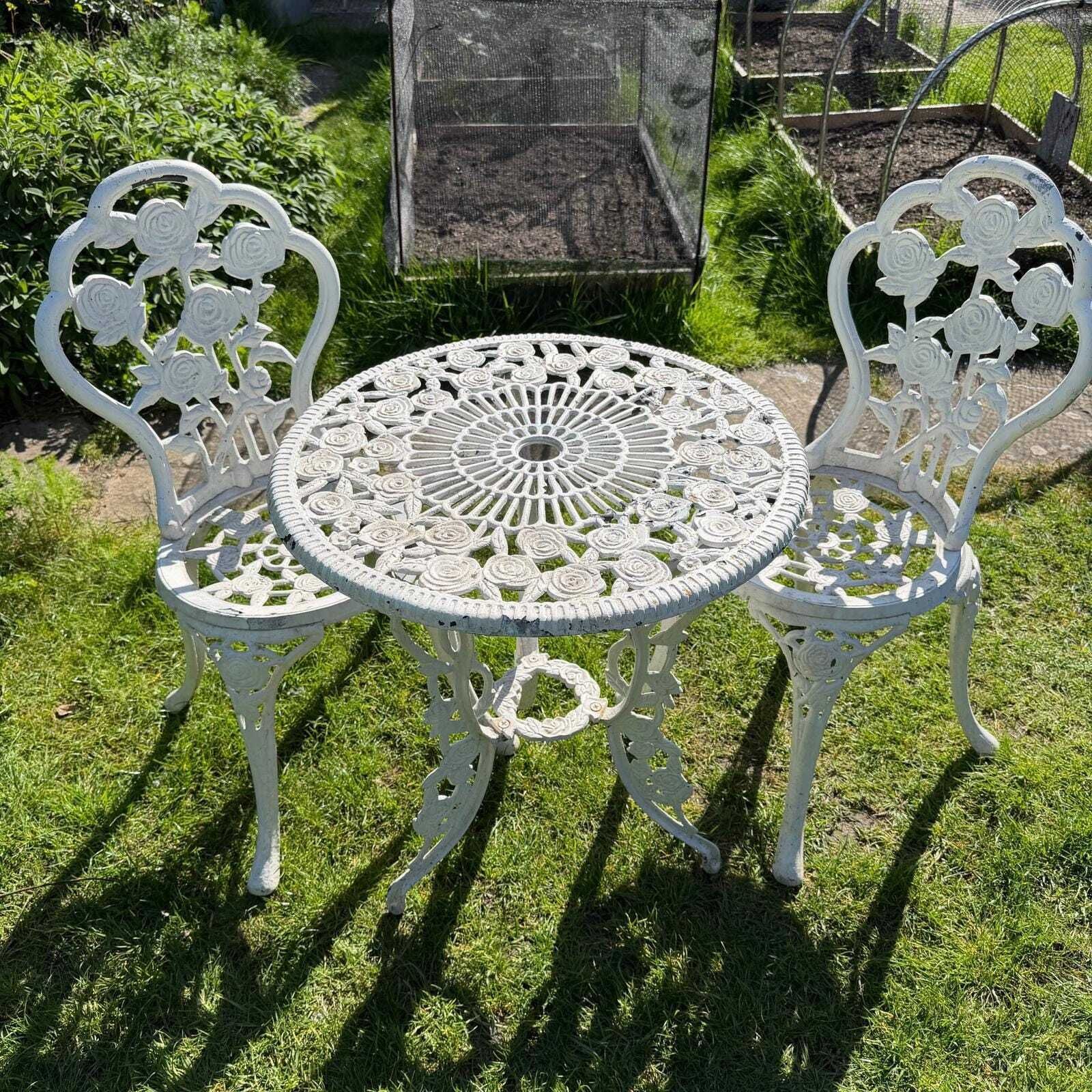 3 Piece Cast Aluminium White Bistro Set Table 2 Chairs Great Patina Rose Design photo furniture