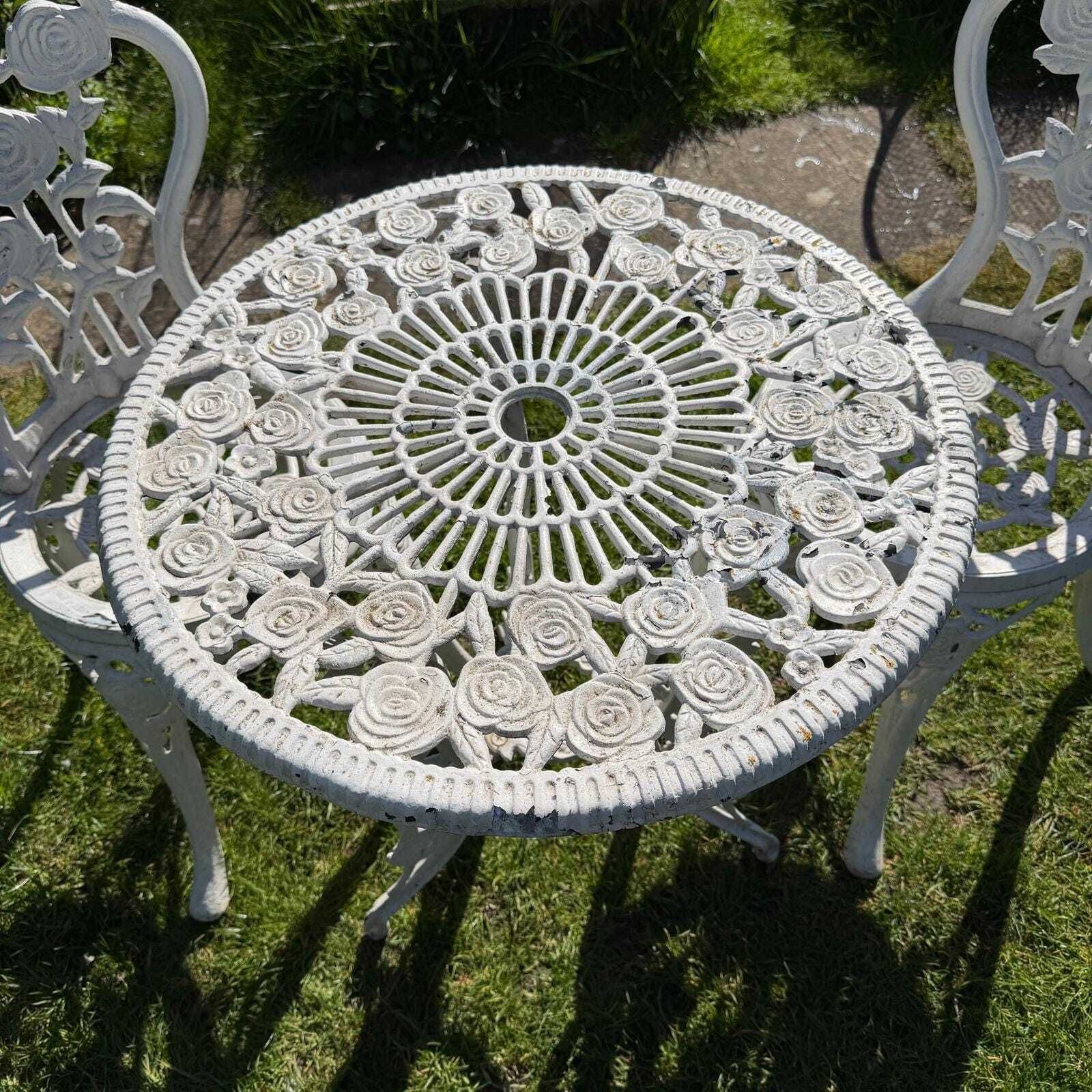 3 Piece Cast Aluminium White Bistro Set Table 2 Chairs Great Patina Rose Design photo vinterior