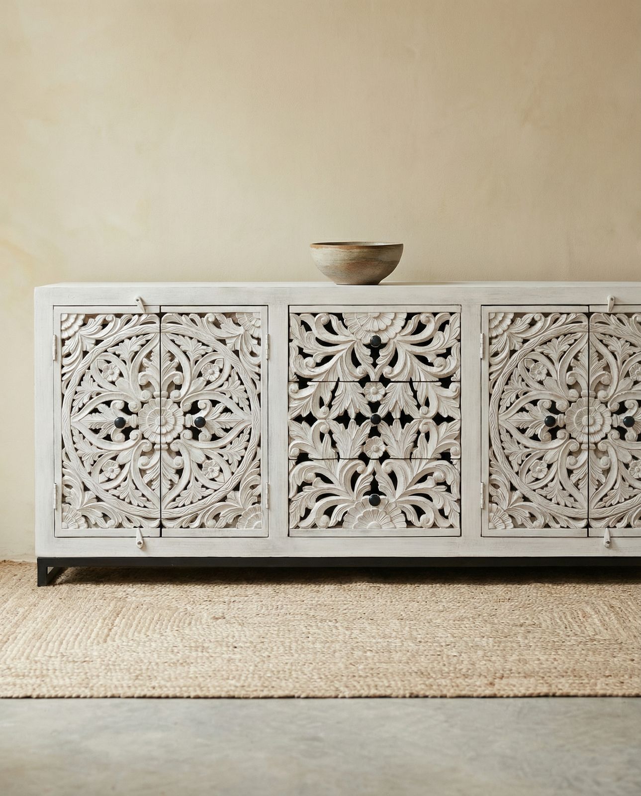 Hand Carved Mango Wood Sideboard – Whitewashed 4 Door 3 Drawer Design photo furniture