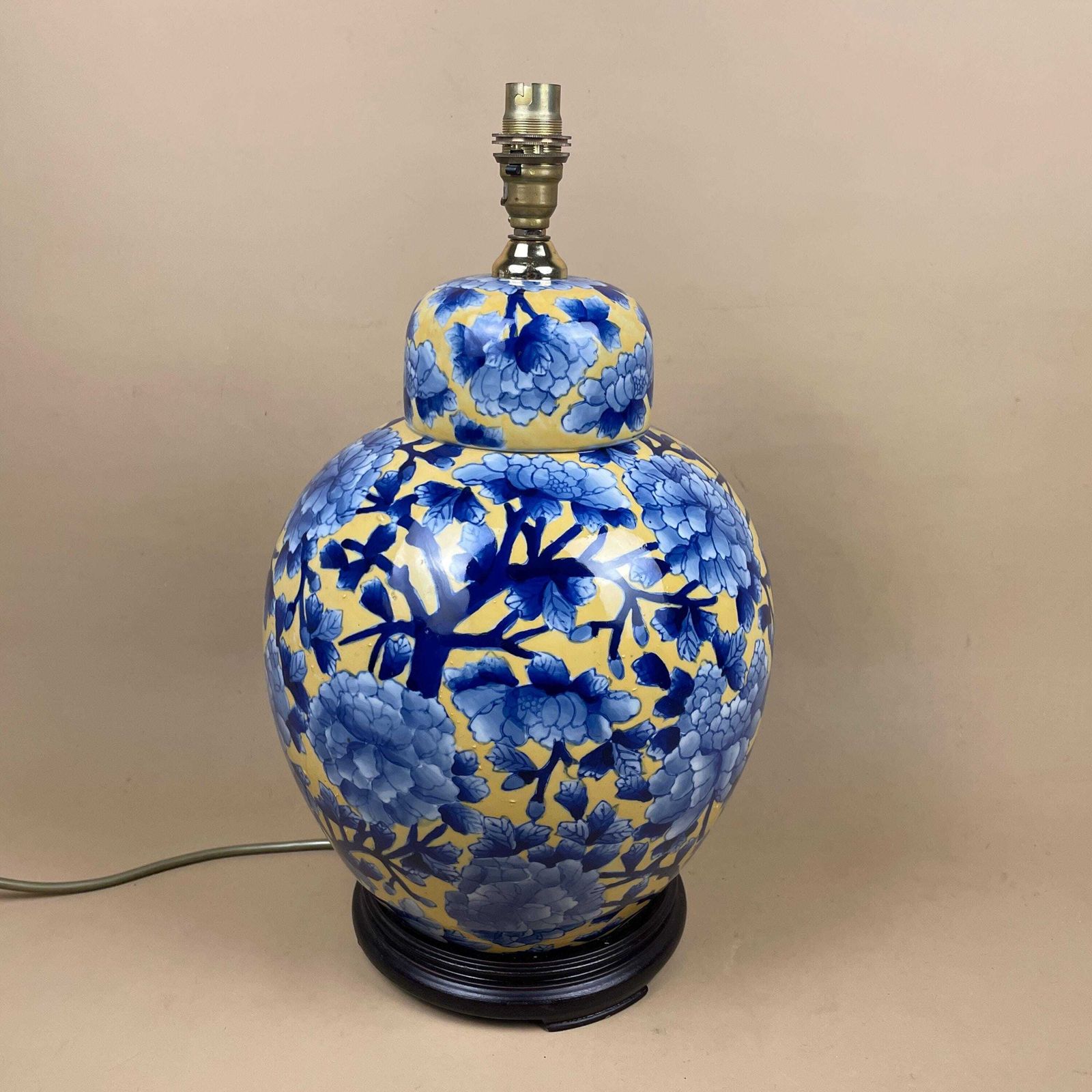 India Jane Ceramic Lamp Floral Pattern Oriental Wood Base Bedside Table Light Ginger Jar Shape Large Statement Yellow Blue Bold 2003 photo Lighting