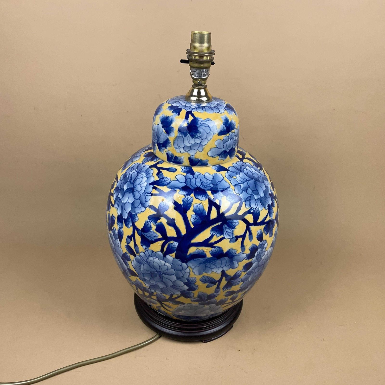 India Jane Ceramic Lamp Floral Pattern Oriental Wood Base Bedside Table Light Ginger Jar Shape Large Statement Yellow Blue Bold 2003 photo 179.0