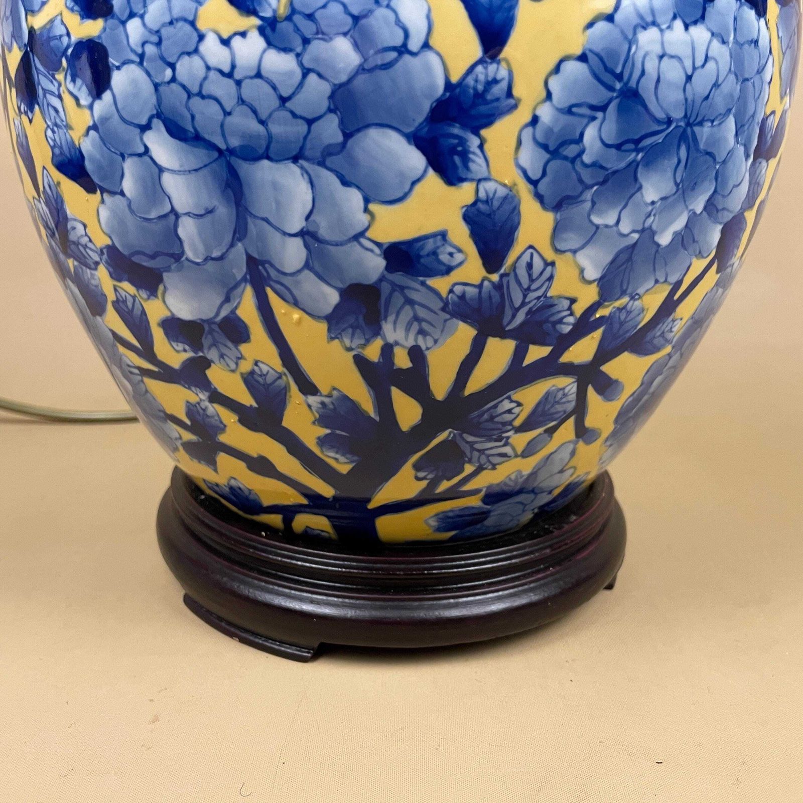 India Jane Ceramic Lamp Floral Pattern Oriental Wood Base Bedside Table Light Ginger Jar Shape Large Statement Yellow Blue Bold 2003 photo buy