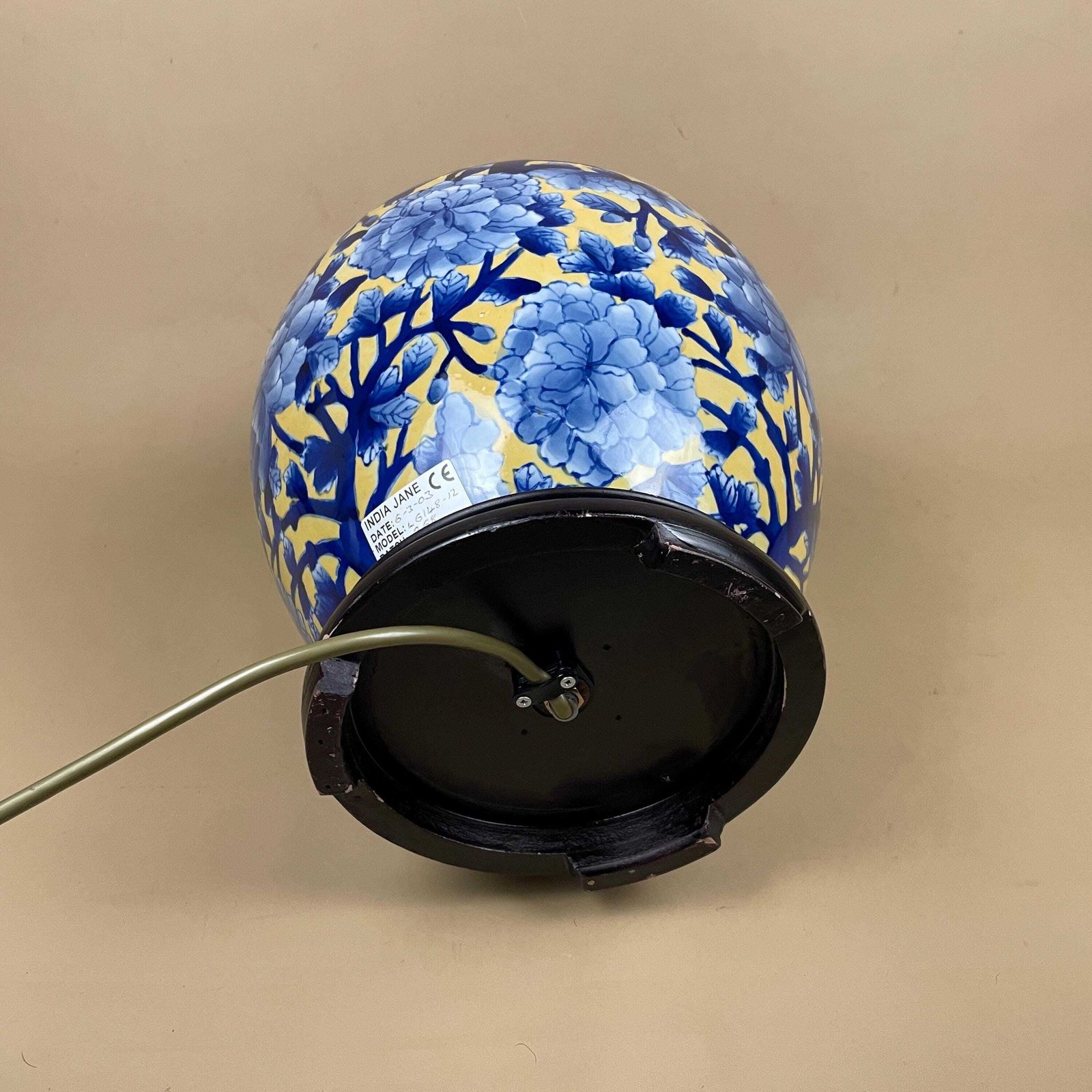 India Jane Ceramic Lamp Floral Pattern Oriental Wood Base Bedside Table Light Ginger Jar Shape Large Statement Yellow Blue Bold 2003 photo vintage