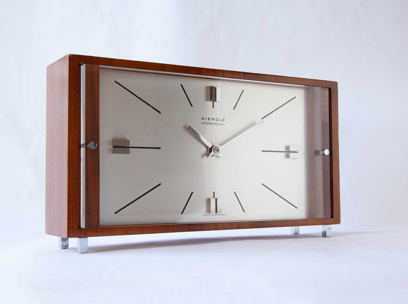 Mid Century Kienzle Table Clock Modern Bauhaus Atomic Space Age Desk 1960s Shelf Mantel Germany Walnut Battery photo furniture