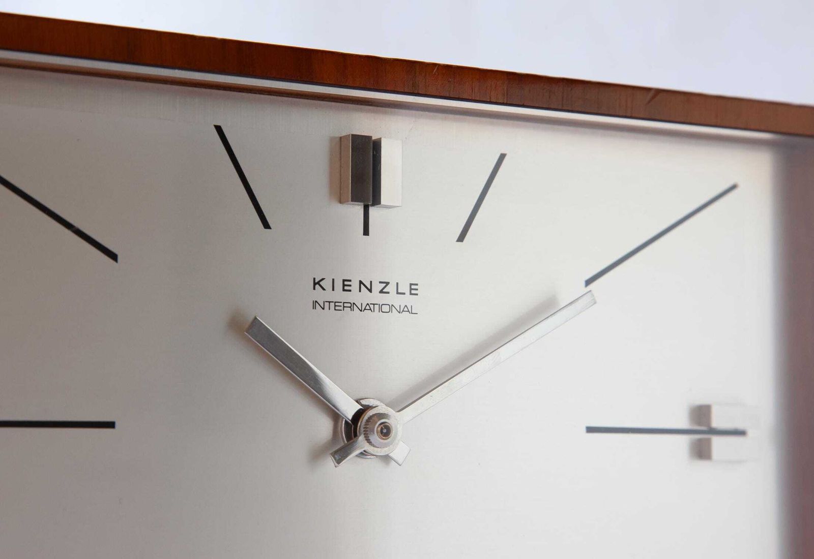 Mid Century Kienzle Table Clock Modern Bauhaus Atomic Space Age Desk 1960s Shelf Mantel Germany Walnut Battery photo for sale