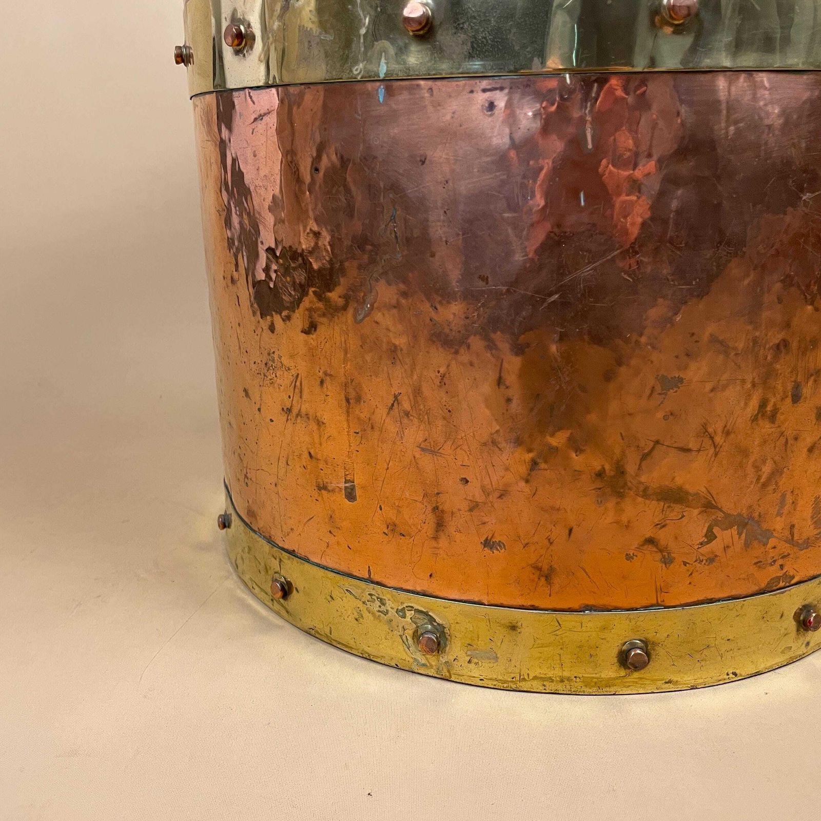 Antique Metal Copper Coal Bucket Gold Brass Handle Fireside Fire Side Scuttle Helmet Cottage Vintage Fireplace Logs Ornate Round Large photo vintage