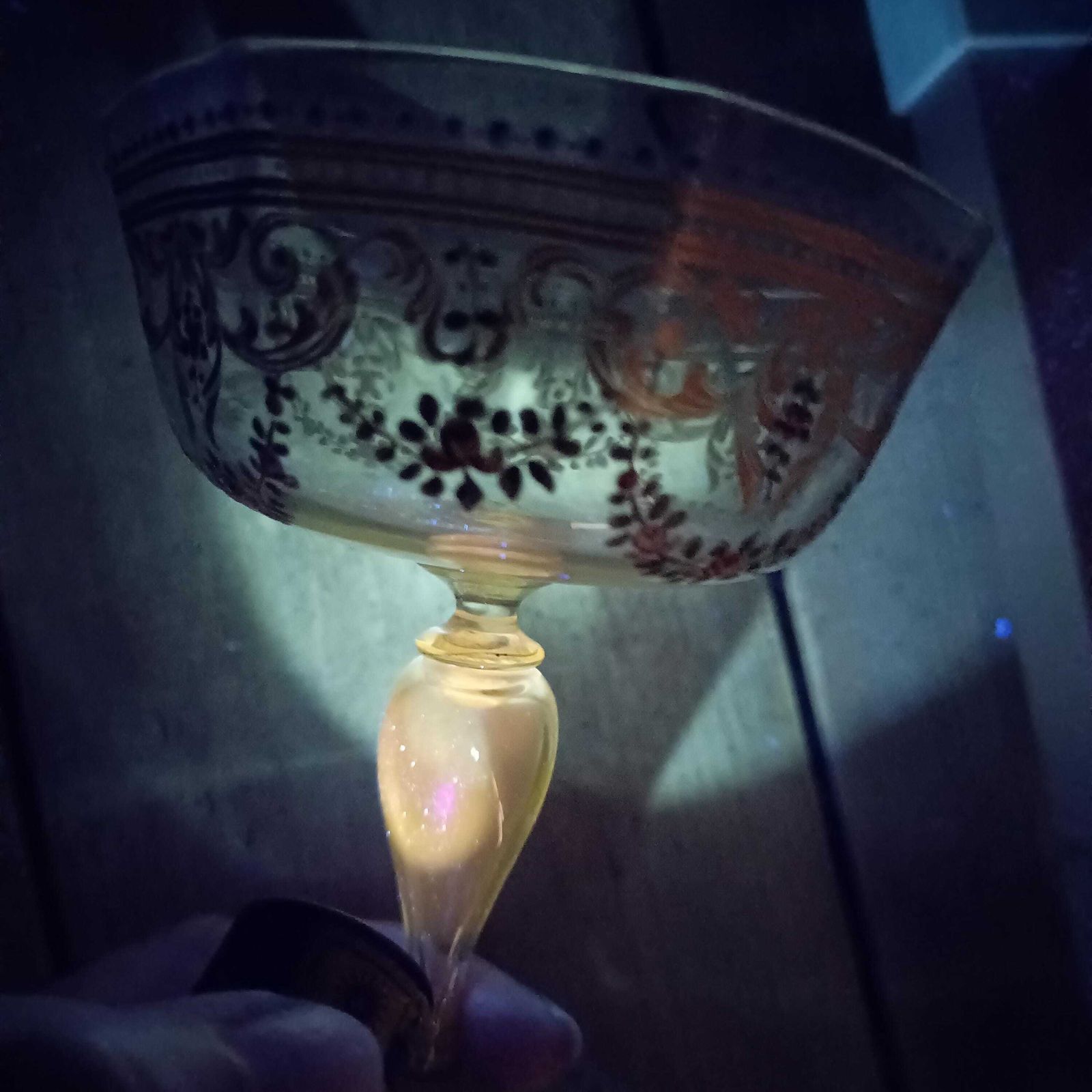 Antique Moser Octagonal Champagne Coupe Glass: Gold Enamels, Rose Garlands, Art Nouveau Goblet photo vinterior