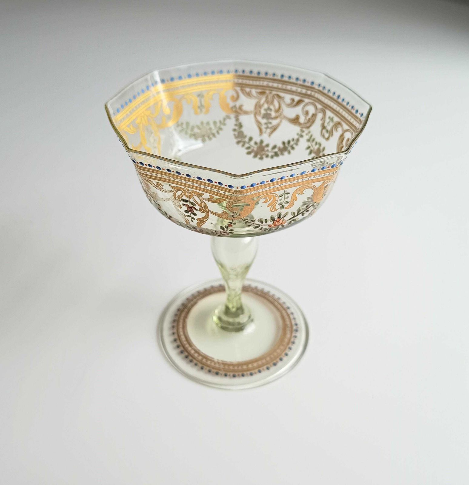photo vinterior Antique Moser Octagonal Champagne Coupe Glass: Gold Enamels, Rose Garlands, Art Nouveau Goblet