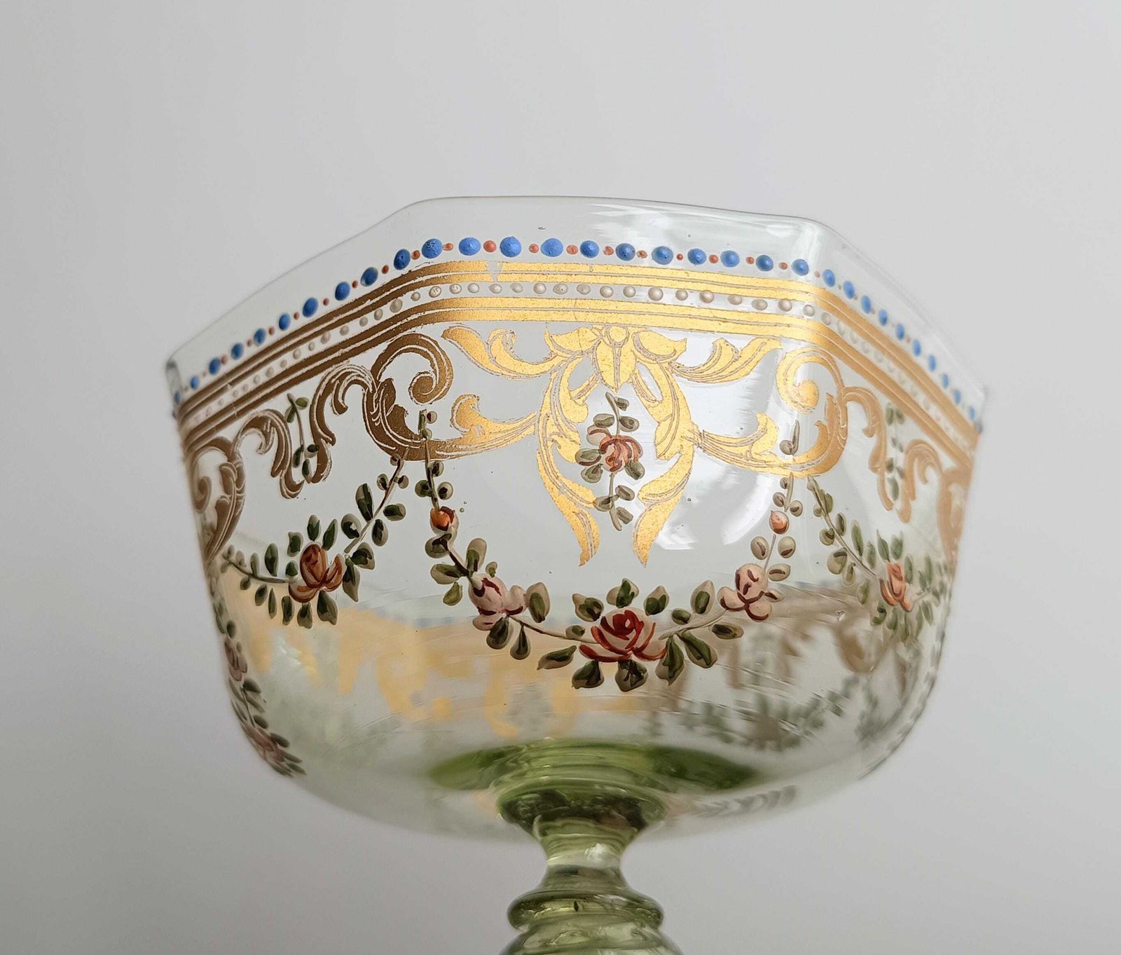 photo buy Antique Moser Octagonal Champagne Coupe Glass: Gold Enamels, Rose Garlands, Art Nouveau Goblet