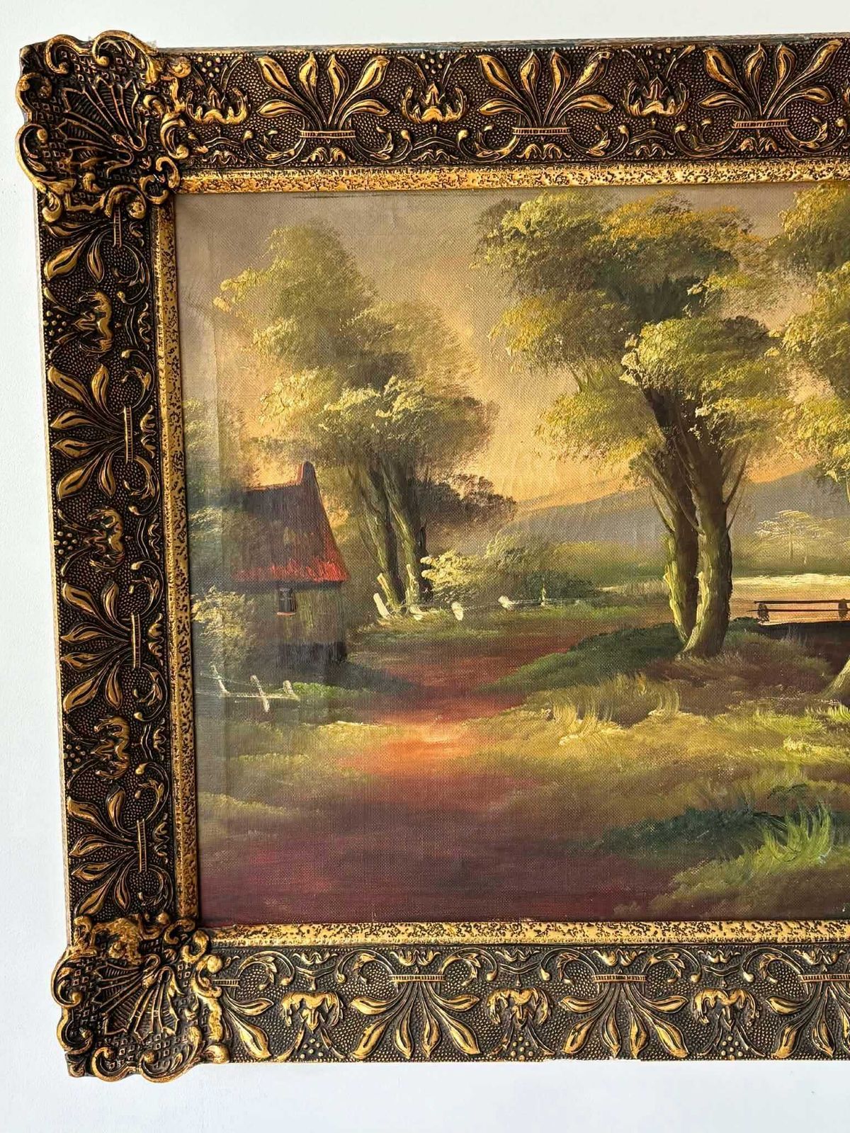 Oil Painting Countryside Landscape, Vintage Framed Cottage & Bridge Wall Art photo furniture