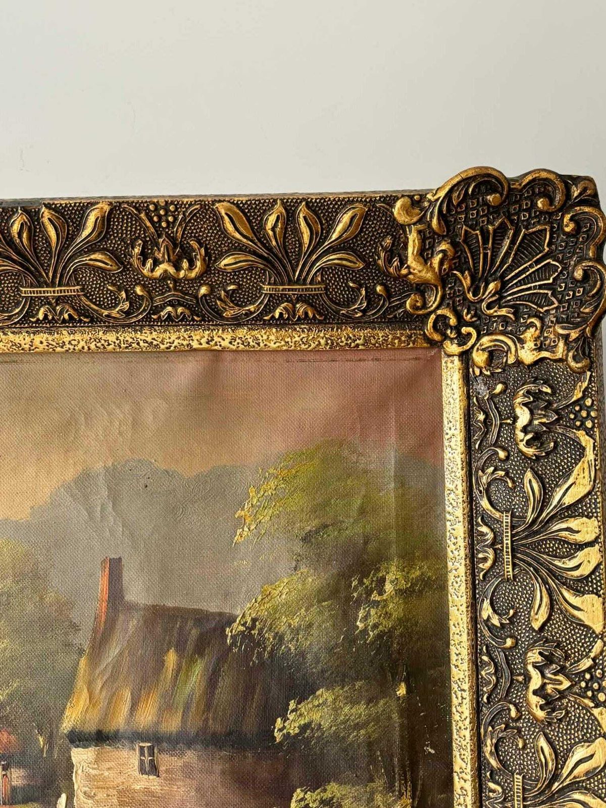 Oil Painting Countryside Landscape, Vintage Framed Cottage & Bridge Wall Art photo for sale