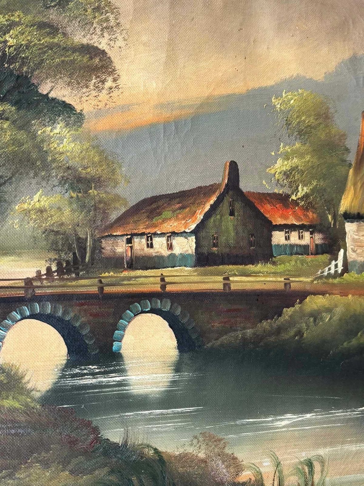 Oil Painting Countryside Landscape, Vintage Framed Cottage & Bridge Wall Art photo Art
