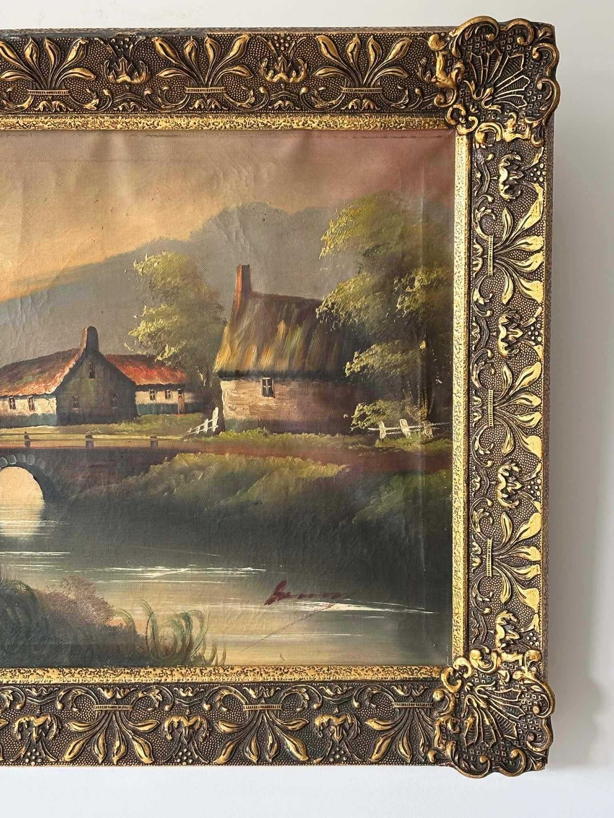 Oil Painting Countryside Landscape, Vintage Framed Cottage & Bridge Wall Art photo 347.0