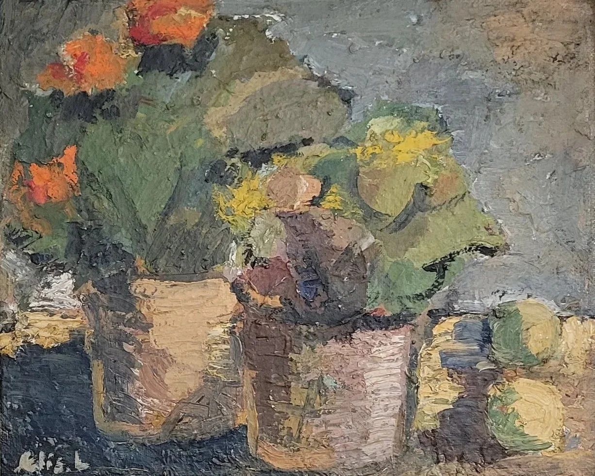 Pottery And Flowers  Vintage Floral Still Life Oil Painting, photo for sale