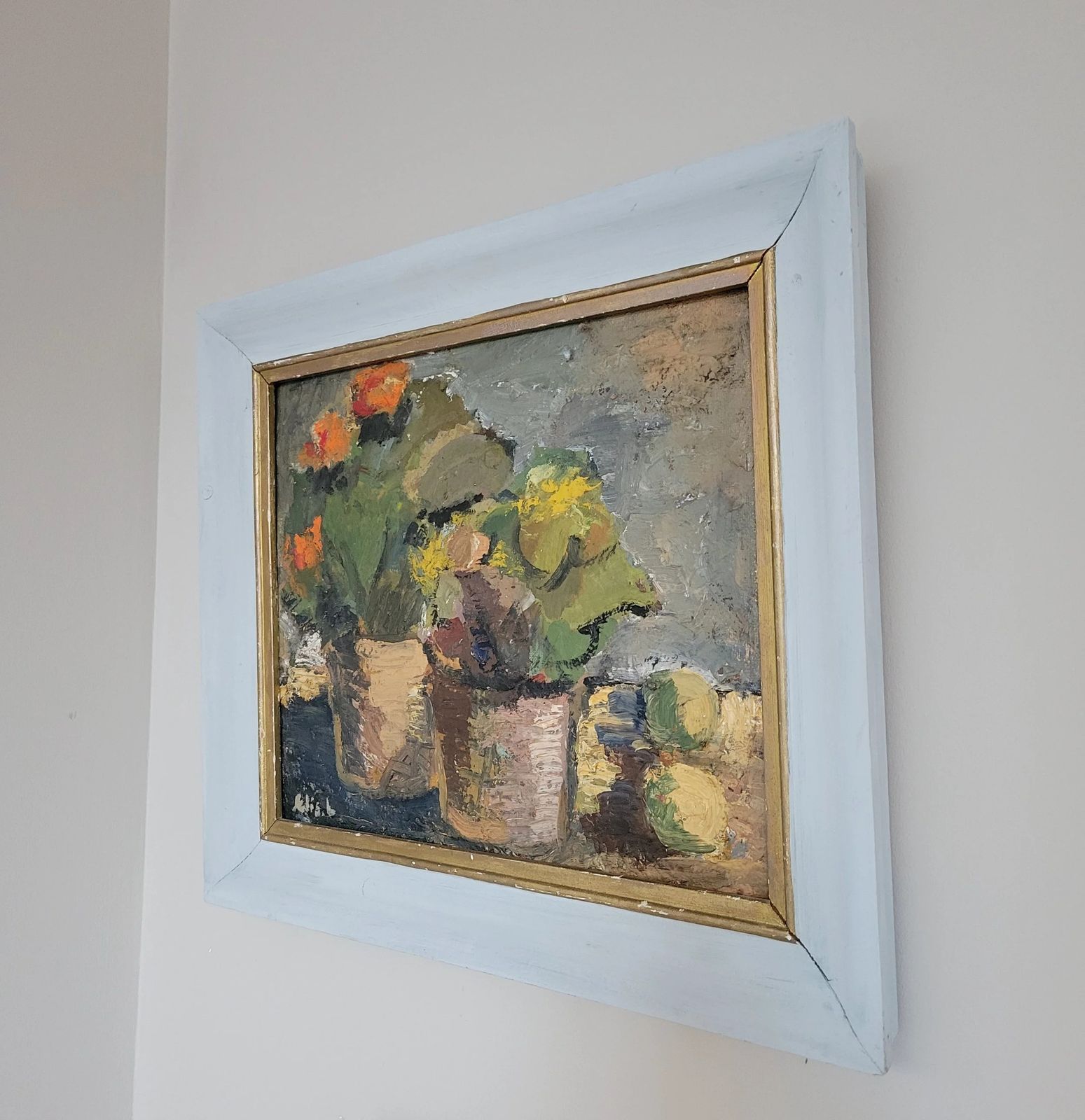 525.0 Pottery And Flowers  Vintage Floral Still Life Oil Painting, photo