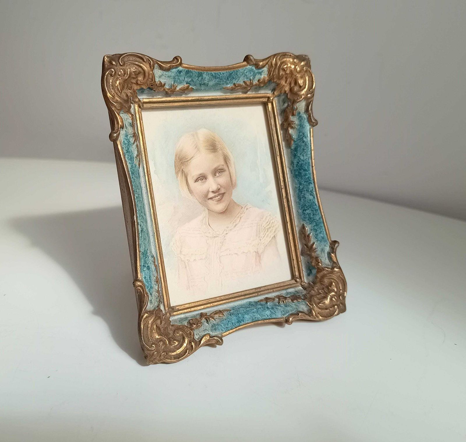 Antique Hand Finished Pastel Miniature Portrait: Blond Girl, Turquoise Gilt Tabletop Frame