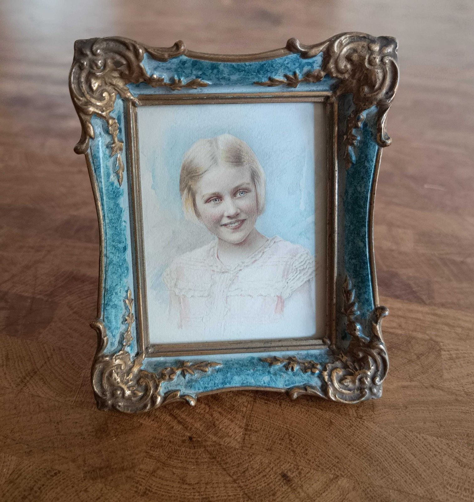 photo vinterior Antique Hand Finished Pastel Miniature Portrait: Blond Girl, Turquoise Gilt Tabletop Frame
