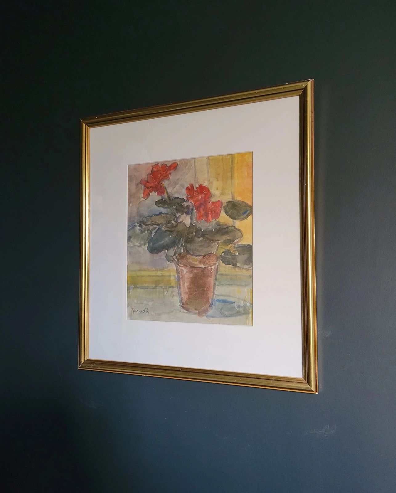 Geranium Watercolour Vintage Mid Century Framed Painting By Svan Grandin photo Art