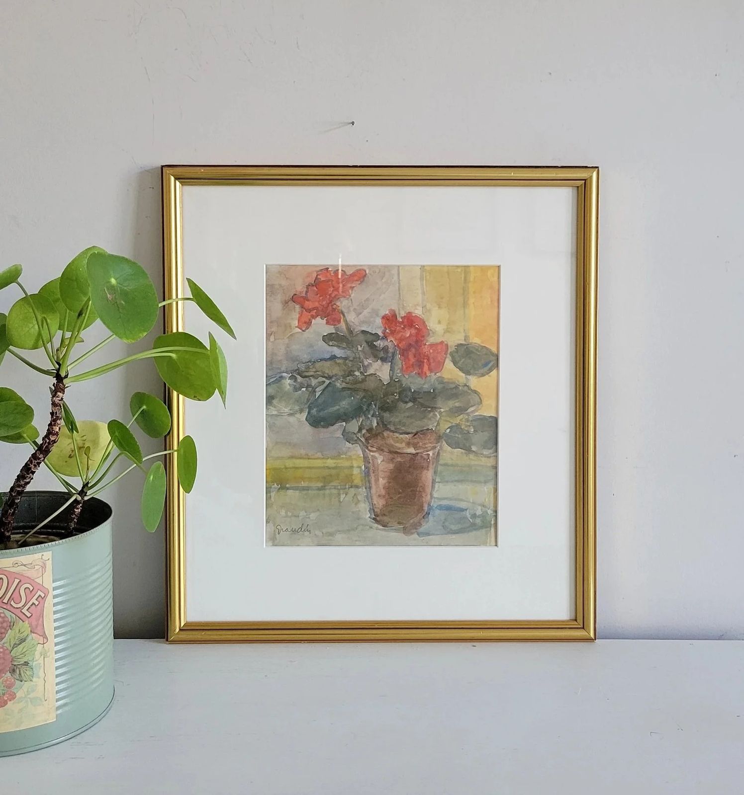 photo vinterior Geranium Watercolour Vintage Mid Century Framed Painting By Svan Grandin