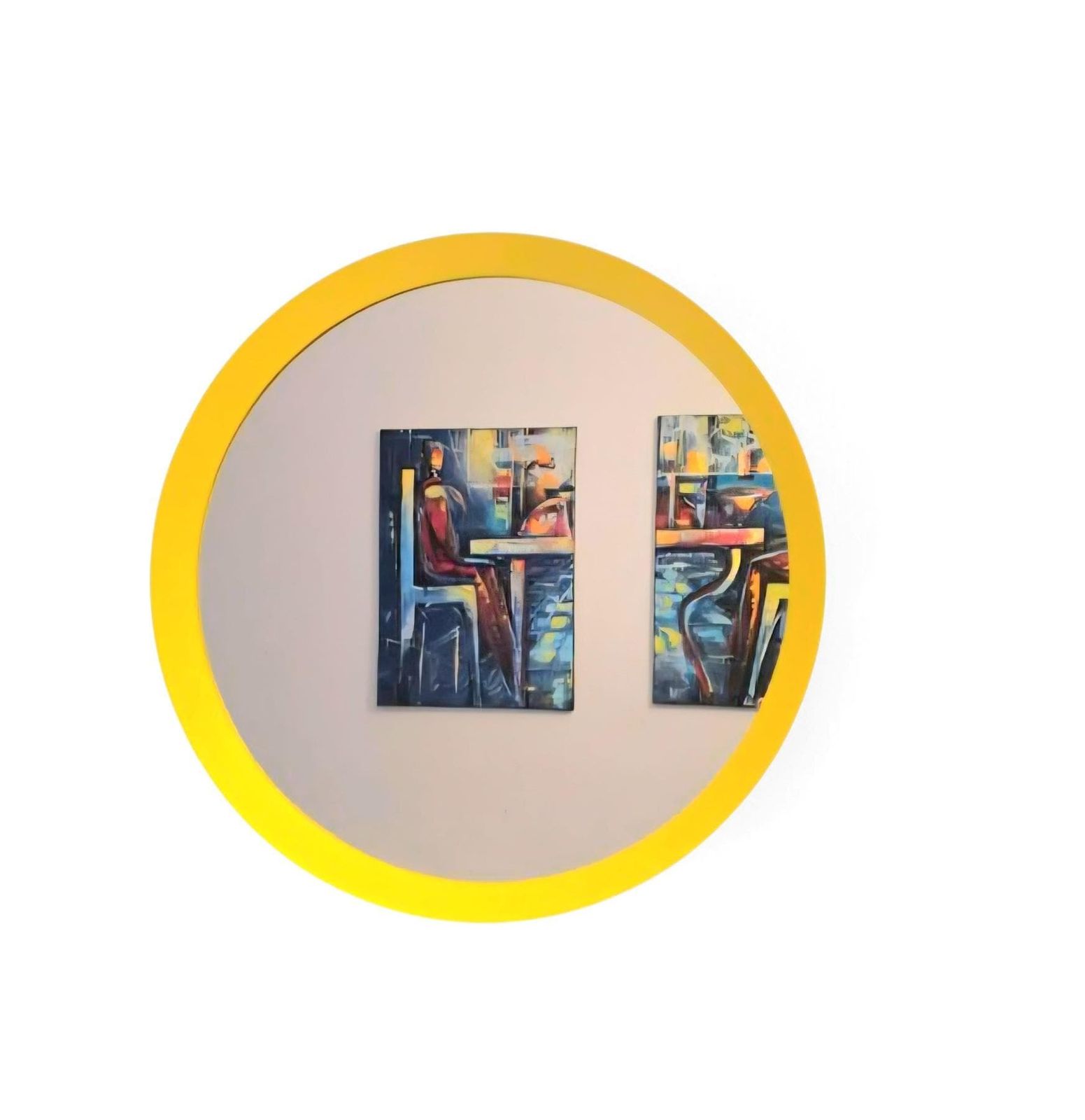 Miroir rond Ikea Langesund en métal jaune biseauté. Accroche au dos.