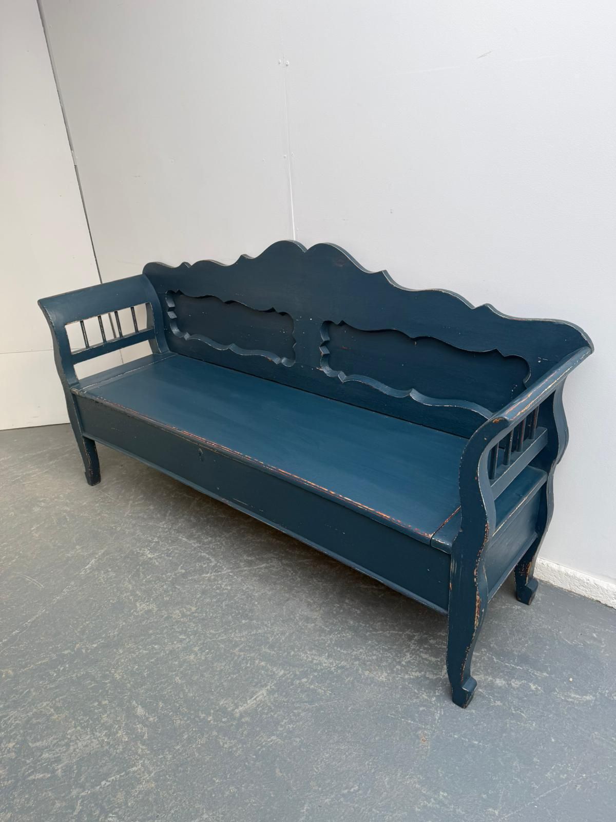An Early Georgian Original Hungarian Painted Blue Pine 3 Seater Bench