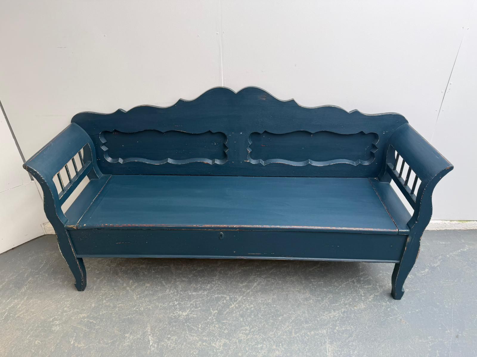 An Early Georgian Original Hungarian Painted Blue Pine 3 Seater Bench photo 795.0