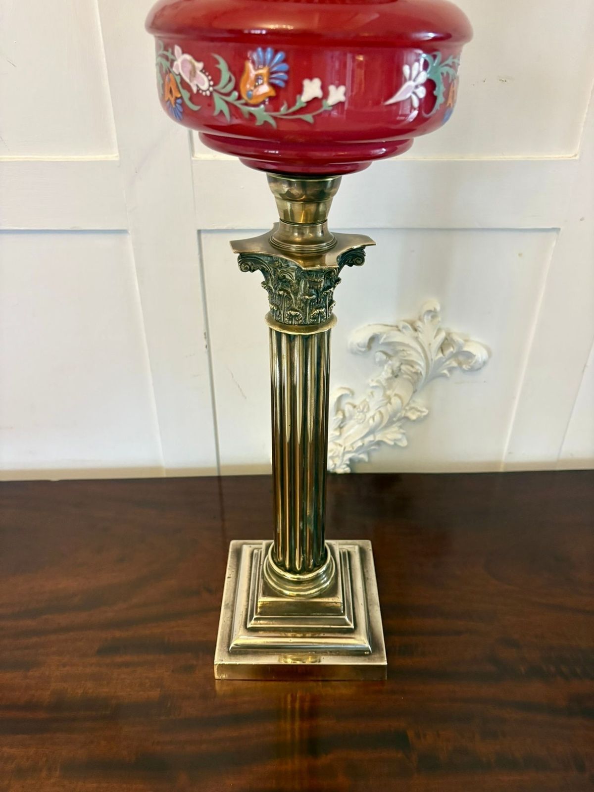 Antique 19th Century Brass Oil Lamp With Cranberry Glass Font And Corinthian Column photo Lighting