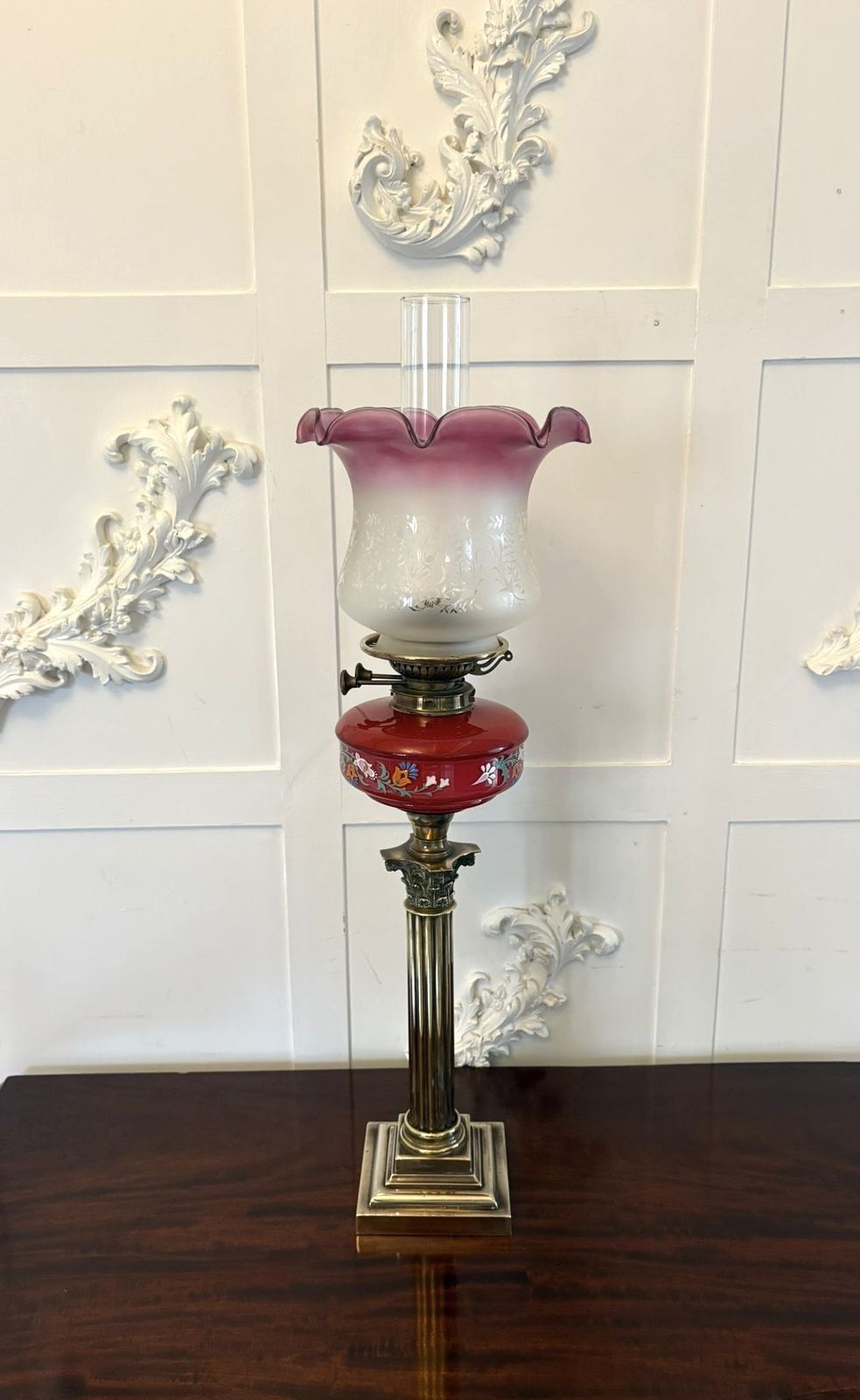 Antique 19th Century Brass Oil Lamp With Cranberry Glass Font And Corinthian Column