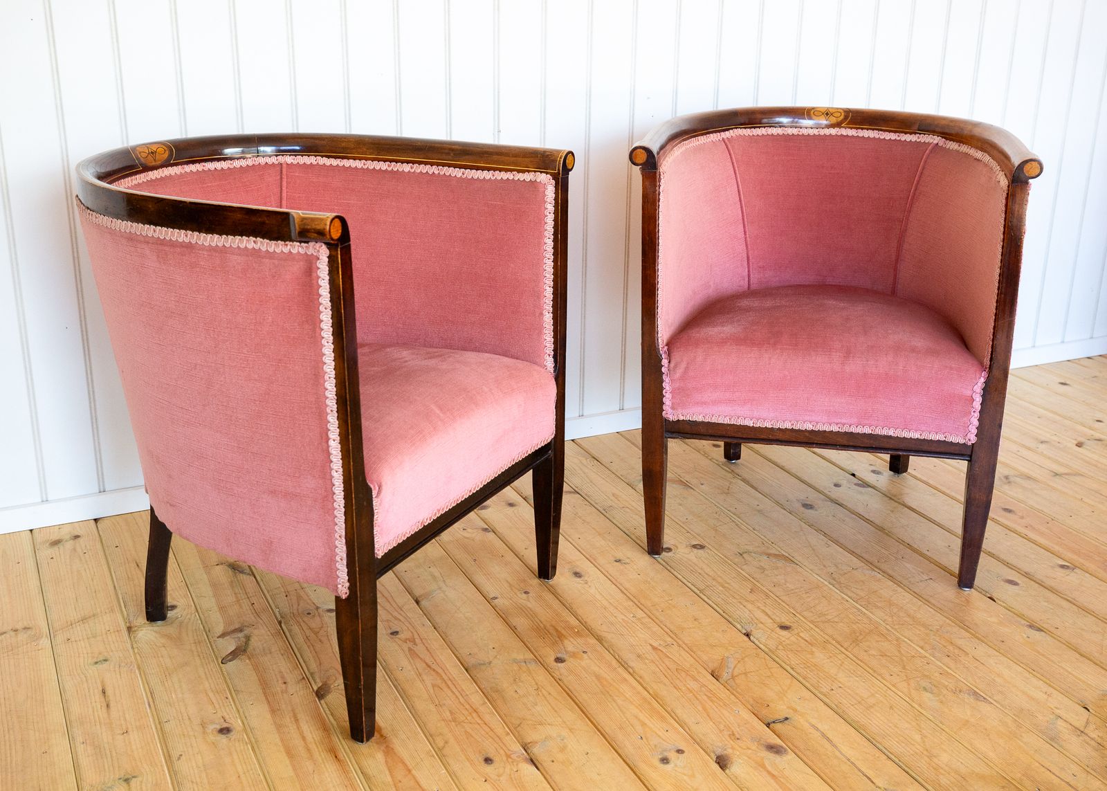 Pair Of Edwardian Mahogany Armchairs Barrel Back Pink Tub Antiqu.E Art Nouvea.U 1910 photo Furniture