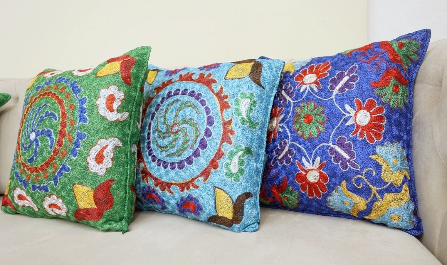 16"X16" Silk Embroidery Cushion Cover. Blue Pillowcase. Needlework Lace Pillow photo furniture