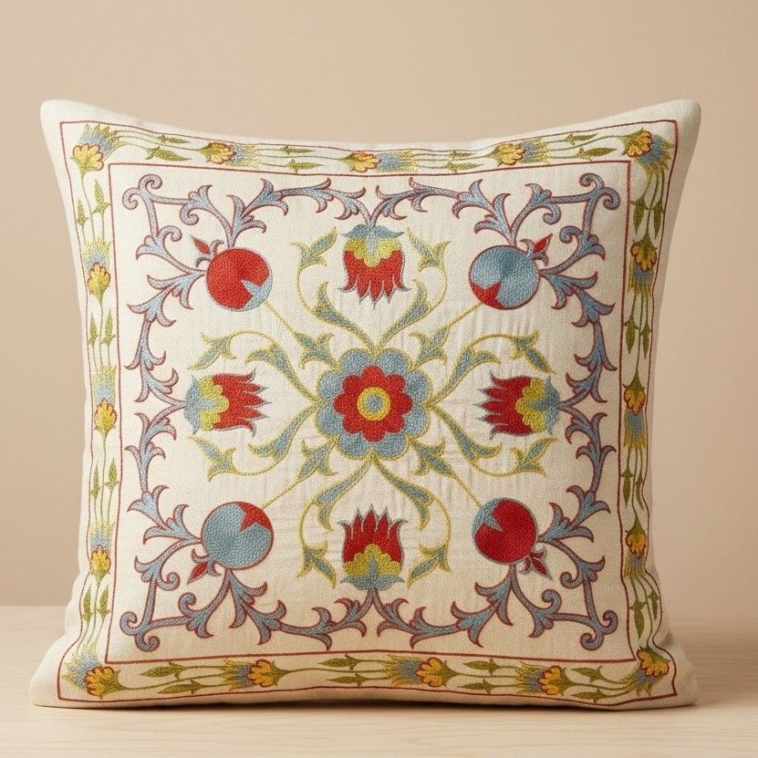 20"X20" Geborduurde Kussenhoes. Boho & Chic Woondecoratie. Volledig Zijden Kussenhoes