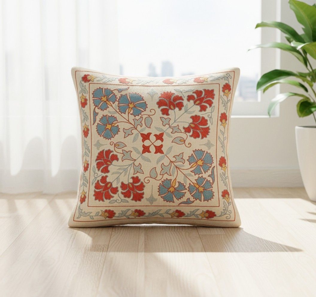 20"X20" 100% Silk Embroidered Cushion Cover. New Toss Pillow. Modern Lace Pillow