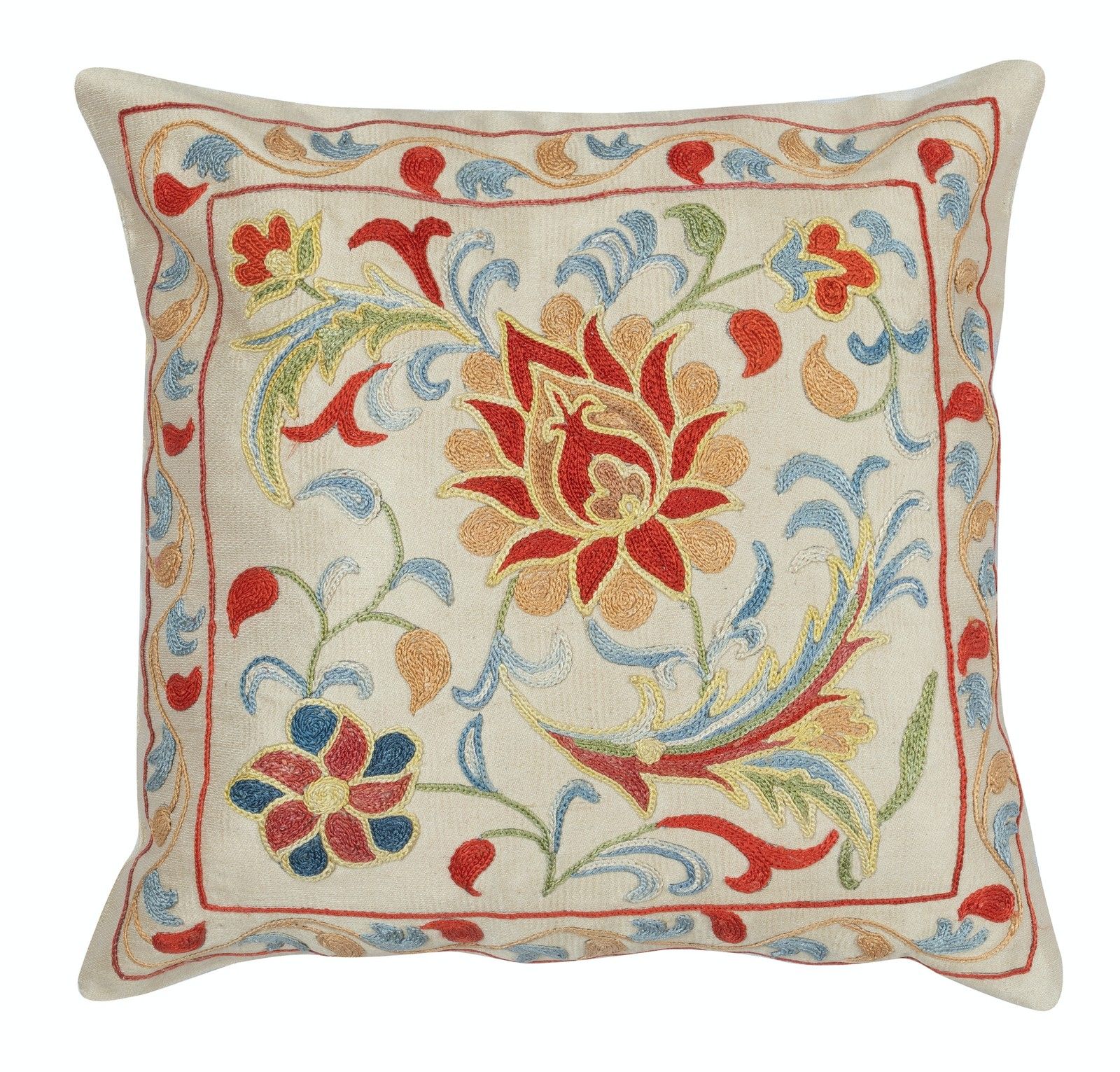 12"X12" 100% Silk Cushion Cover. Traditional Hand Embroidered Throw Pillow