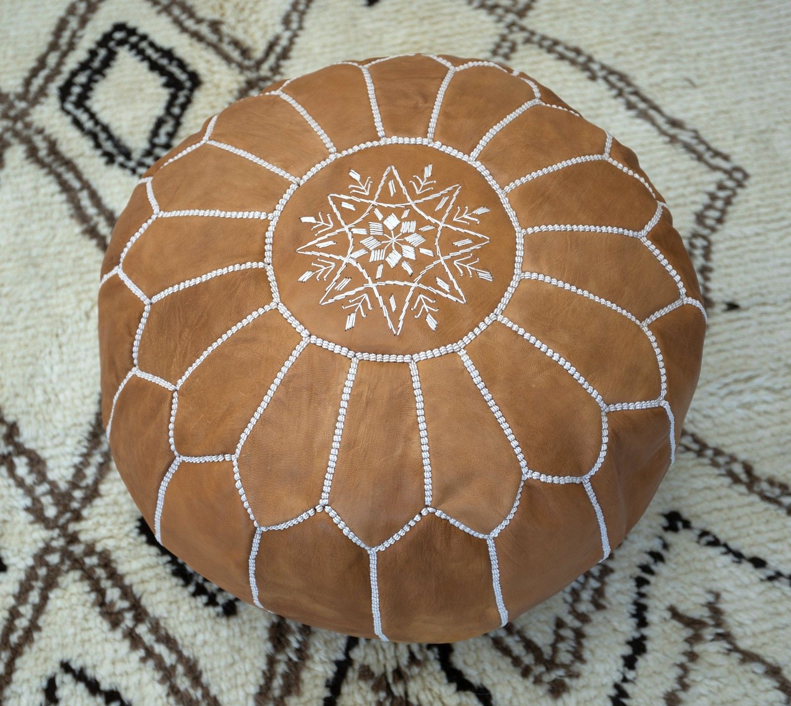 Brown Round Geniune Leather Pouf Cover. Unstuffed. Hand Tooled Footstool photo furniture