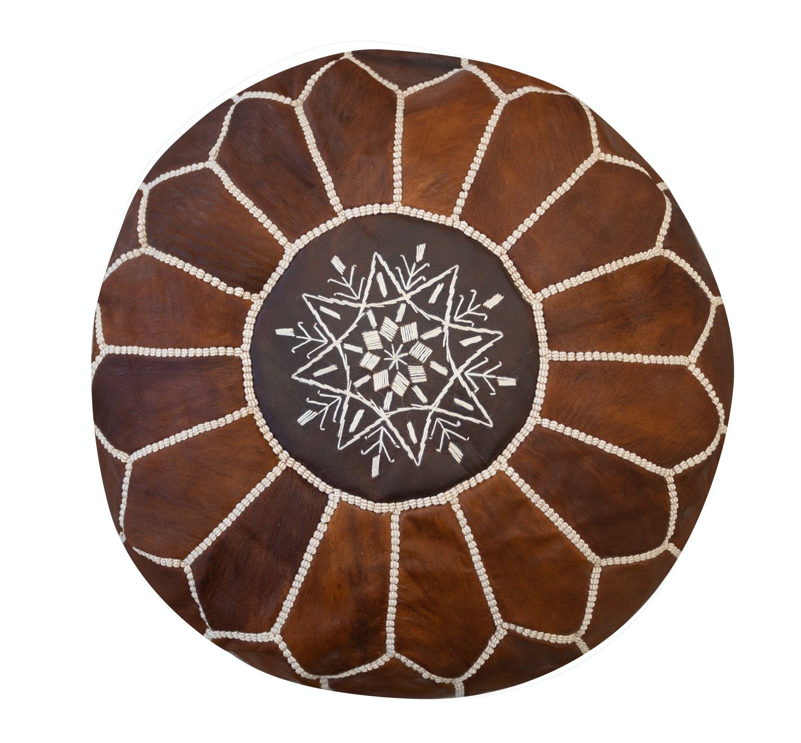 Pouf rond en cuir véritable brun, travail artisanal. Non rembourré. Option personnalisée disponible