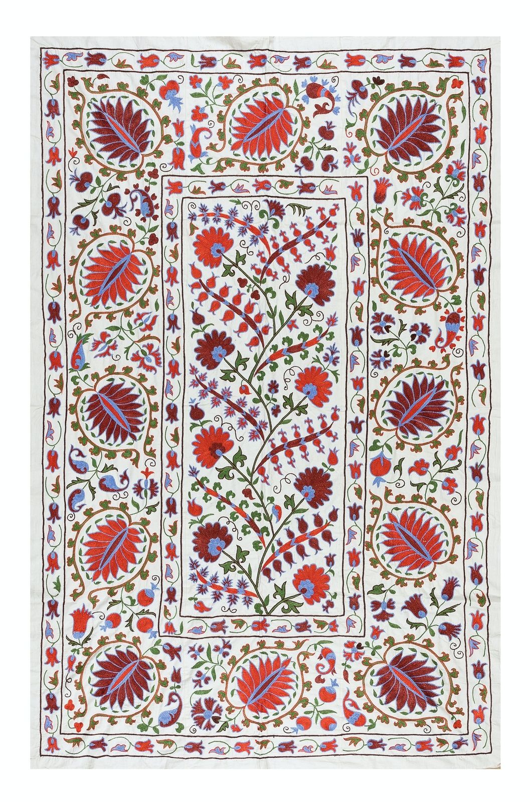 4.5x6.9 Ft Silk Hand Embroidered Suzani Bed Cover, Decorative Uzbek Wall Hanging
