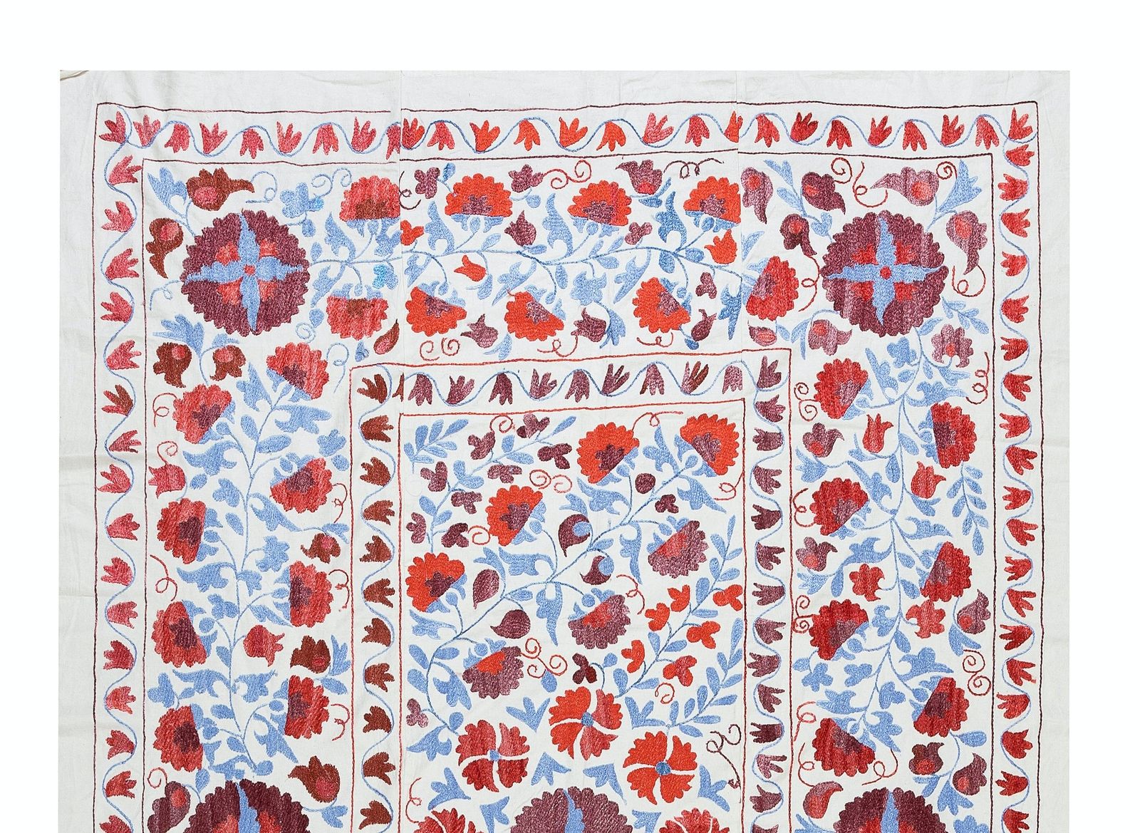 4.8x6.8 Ft Silk Hand Embroidered Suzani Bed Cover, Decorative Uzbek Wall Hanging photo furniture