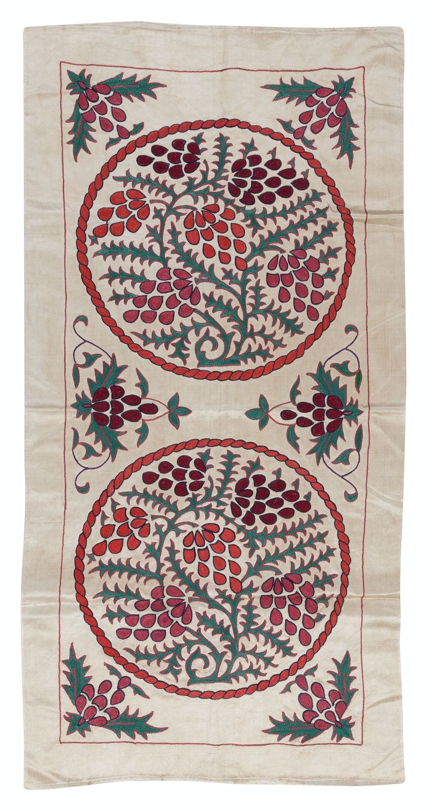 21"X42" Embroidered 100% Silk Wall Hanging, Suzani Wall Decor, Uzbek Tablecloth