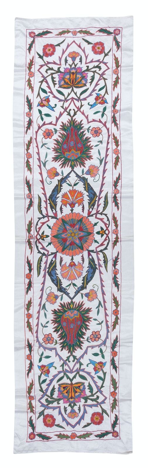 1.8x6.5 Ft 100% Silk Table Runner, Hand Embroidered Wall Hanging, Uzbek Tapestry