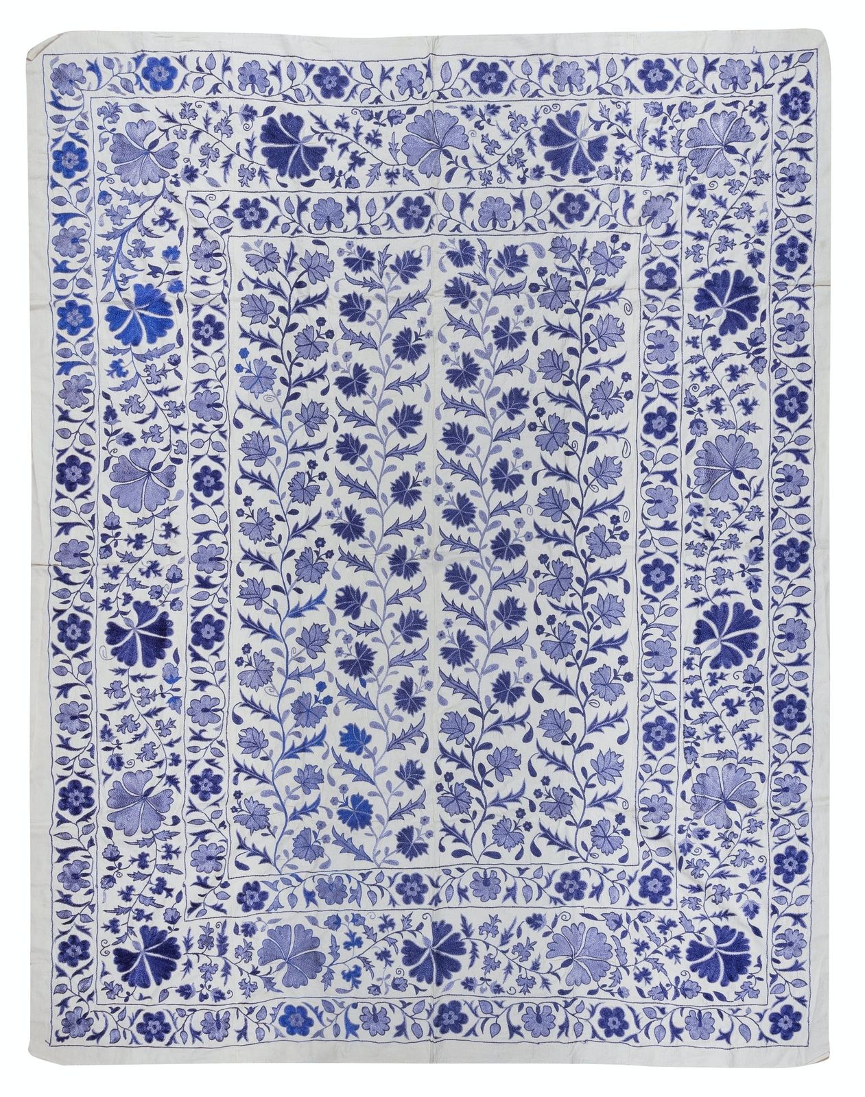 6.4x8.4 Ft Crochet Suzani Wall Hanging, Silk Embroidery Bed Cover In Cream, Blue