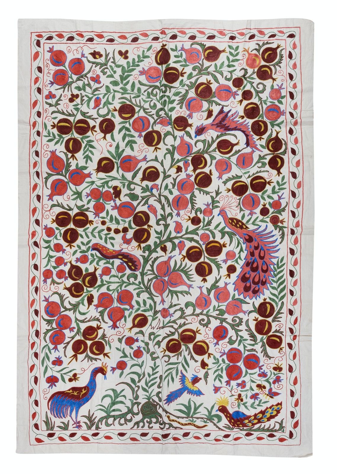 4.9x7 Ft Pomegranate Tree Design Crochet Wall Hanging, Silk Embroidery Bedspread