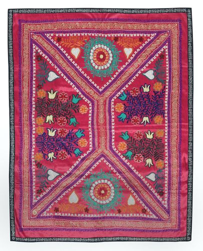 4.3x5.5 Ft Embroidered Silk & Cotton Wall Hanging. Red Bed Cover. Modern Throw