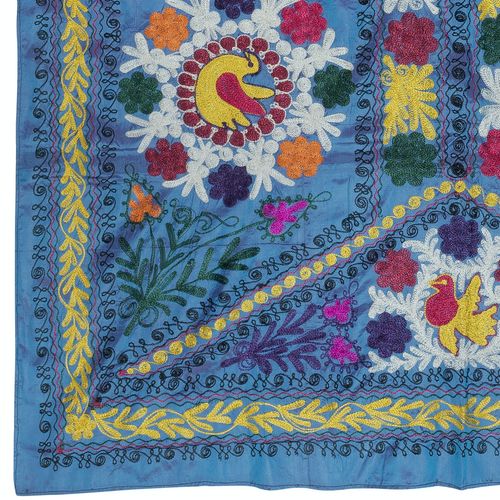 4.2x6 Ft Embroidered Silk & Cotton Wall Hanging. Blue Bed Cover. New Tablecloth photo Textiles