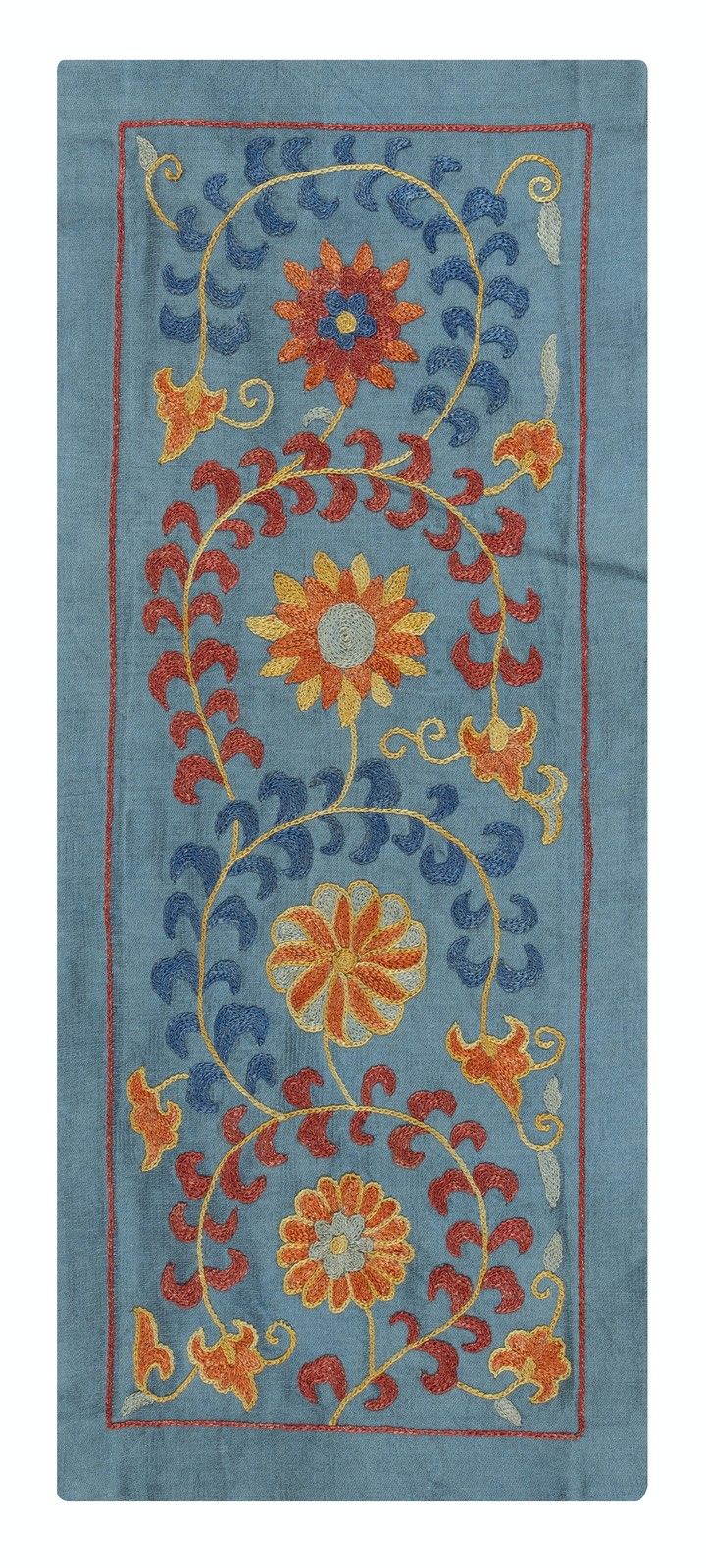9"X21" 100% Silk Wall Hanging. Wall Decor. Blue Traditional Embroidered Tapestry