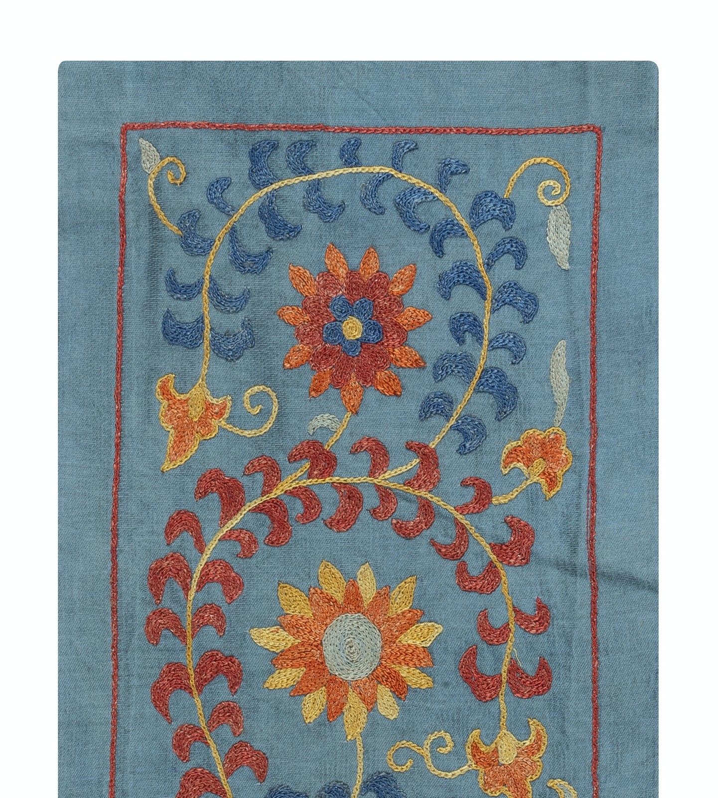 Tenture murale 100 % soie, 9" × 21". Décoration murale. Tapisserie brodée traditionnelle bleue photo furniture