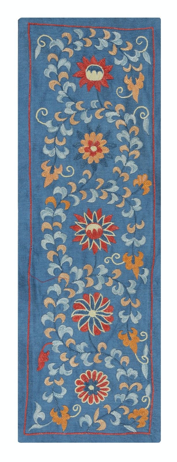 8"X24" Embroidered 100% Silk Wall Hanging. Blue Traditional Tapestry